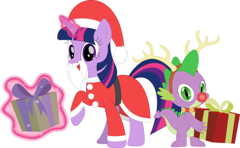 Size: 3573x2211 | Tagged: safe, artist:porygon2z, derpibooru import, spike, twilight sparkle, dragon, pony, unicorn, antlers, christmas, glowing horn, hat, holding a present, holiday, horn, image, looking at you, magic, magic aura, png, present, reindeer antlers, rudolph nose, santa claus, santa hat, simple background, transparent background, unicorn twilight, vector