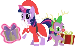 Size: 3573x2211 | Tagged: safe, artist:porygon2z, derpibooru import, spike, twilight sparkle, dragon, pony, unicorn, antlers, christmas, glowing horn, hat, holding a present, holiday, horn, image, looking at you, magic, magic aura, png, present, reindeer antlers, rudolph nose, santa claus, santa hat, simple background, transparent background, unicorn twilight, vector