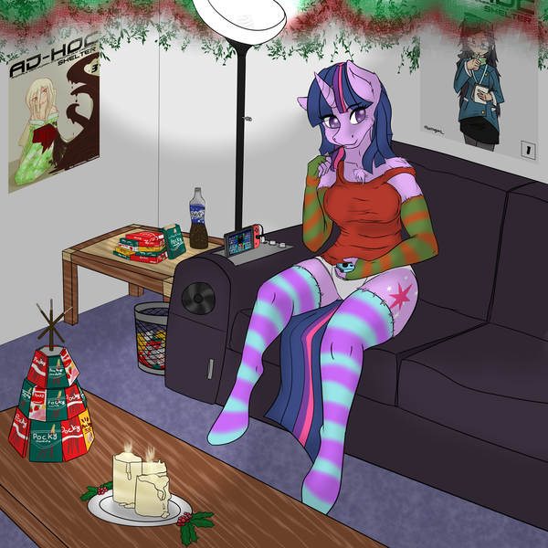 Size: 2500x2500 | Tagged: safe, artist:darnelg, artist:thattagen, derpibooru import, twilight sparkle, oc, oc:paige, oc:yushiko yukesun, anthro, human, unguligrade anthro, unicorn, ad-hoc, bepis, candle, chest fluff, christmas, clothes, couch, cutie mark, food, hearth's warming, holiday, image, nintendo switch, png, pocky, poster, socks, sockypockytwi, striped socks, thigh highs