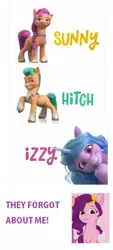 Size: 759x1682 | Tagged: safe, derpibooru import, hitch trailblazer, izzy moonbow, pipp petals, sunny starscout, earth pony, pegasus, pony, unicorn, g5, happy, image, jpeg, sad, they forgot about me