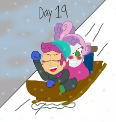 Size: 1280x1349 | Tagged: safe, artist:horroraceman93, derpibooru import, scootaloo, sweetie belle, equestria girls, blushing, clothes, female, image, lesbian, mountain, png, scootabelle, shipping, sled, snow, winter outfit