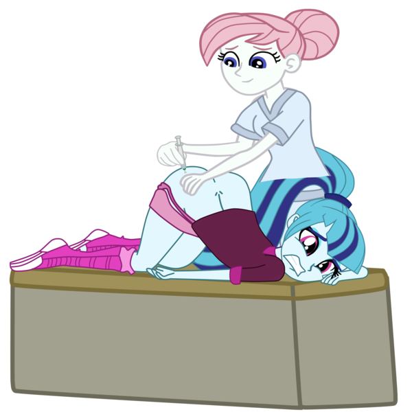 Size: 2952x2952 | Tagged: suggestive, artist:gmaplay, derpibooru import, part of a set, nurse redheart, sonata dusk, equestria girls, rainbow rocks, ass, ass up, butt, dimples, dimples of venus, face down ass up, gritted teeth, image, injection, literal butthurt, nurse, nurse outfit, pain, png, simple background, sonata donk, transparent background, vaccination