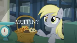 Size: 1920x1080 | Tagged: safe, derpibooru import, edit, edited screencap, screencap, derpy hooves, pony, slice of life (episode), food, image, jpeg, muffin, quote, solo