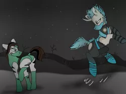 Size: 1024x768 | Tagged: safe, artist:valkiria, derpibooru import, ponified, cyborg, pony, unicorn, zebra, angry, belt, boots, butt, clothes, commission, curved horn, derpibooru exclusive, duo, female, frost (mortal kombat), gloves, headband, horn, image, jade (mortal kombat), jumping, leotard, mare, mask, mortal kombat, ninja, plot, png, shoes, tree