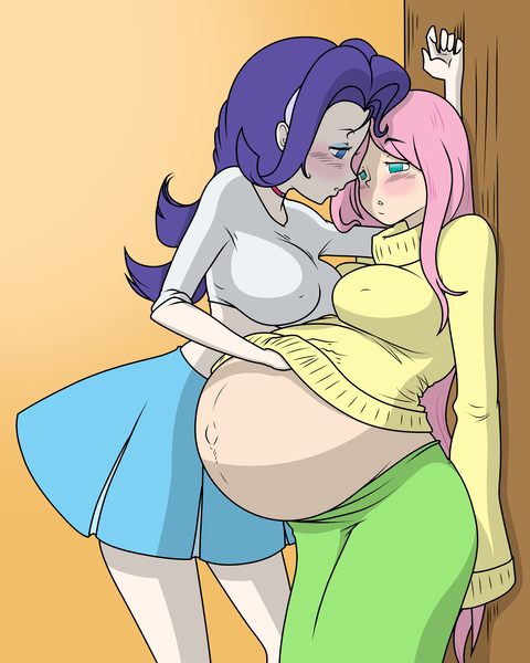 Size: 3200x4000 | Tagged: suggestive, artist:marrazan, artist:thenypod4, color edit, derpibooru import, edit, fluttershy, rarity, human, belly, belly button, big belly, big breasts, blushing, breasts, busty fluttershy, busty rarity, clothes, colored, erect nipples, female, flarity, gradient background, huge belly, humanized, image, lesbian, looking at each other, nipple outline, outie belly button, png, preggoshy, pregnant, shipping, sweater, sweatershy