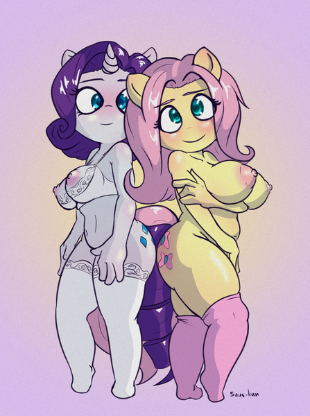 Size: 894x1200 | Tagged: questionable, artist:snus-kun, derpibooru import, fluttershy, rarity, anthro, pegasus, unguligrade anthro, unicorn, adorasexy, areola, belly button, big breasts, blushing, bottomless, bra, breasts, busty fluttershy, busty rarity, chubby, clothes, cute, cutie mark, digital art, duo, duo female, female, horn, image, jpeg, lingerie, looking at you, nipples, nudity, partial nudity, raribetes, sexy, shelf bra, shortstack, shyabetes, sideboob, simple background, smiling, smiling at you, socks, stockings, tail, thigh highs, thighs, underwear, wide hips, wingless, wingless anthro