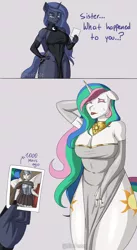 Size: 1916x3509 | Tagged: suggestive, artist:nire, derpibooru import, princess celestia, princess luna, anthro, abs, armor, belly, belly button, both cutie marks, bottomless, breasts, cleavage, clothes, curvy, dialogue, duo, duo female, evening gloves, eyeshadow, female, floppy ears, gloves, horn, image, implied weight gain, jewelry, long gloves, makeup, mlem, nail polish, no panties, partial nudity, png, ring, shield, side slit, silly, sword, text, thick, tongue out, weapon, weight gain, wings