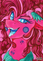 Size: 3461x4896 | Tagged: safe, artist:julunis14, derpibooru import, part of a set, pinkie pie, earth pony, pony, bust, ear fluff, fangs, gameloft interpretation, image, nightmare pinkie, nightmarified, png, portrait, solo, tongue out, wingding eyes