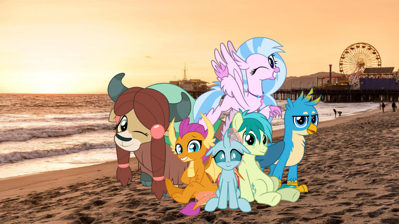 Size: 1461x822 | Tagged: safe, artist:jhayarr23, derpibooru import, gallus, ocellus, sandbar, silverstream, smolder, yona, changedling, changeling, dragon, gryphon, hippogriff, pony, yak, fanfic:travel around the world with ponies, california, cloven hooves, dragoness, female, image, irl, jpeg, looking at you, los angeles, male, photo, ponies in real life, student six, vector