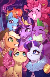 Size: 792x1224 | Tagged: safe, artist:crowbartk-hullo, artist:mistercrowbar, derpibooru import, applejack, fluttershy, pinkie pie, princess twilight 2.0, rainbow dash, rarity, spike, twilight sparkle, twilight sparkle (alicorn), alicorn, dragon, earth pony, pegasus, pony, unicorn, the last problem, eyes closed, female, happy birthday mlp:fim, image, male, mane seven, mane six, mare, mlp fim's tenth anniversary, obtrusive watermark, older, older applejack, older fluttershy, older mane seven, older mane six, older pinkie pie, older rainbow dash, older rarity, older spike, older twilight, one eye closed, png, smiling, watermark, winged spike