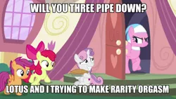 Size: 900x506 | Tagged: suggestive, derpibooru import, edit, edited screencap, screencap, aloe, apple bloom, scootaloo, sweetie belle, the big mac question, caption, cutie mark, cutie mark crusaders, female, food, hoof hold, image, image macro, pie, png, text, the cmc's cutie marks, unamused