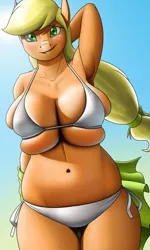 Size: 1047x1750 | Tagged: suggestive, artist:creatiffy, derpibooru import, applejack, anthro, earth pony, arm behind head, armpits, belly button, big breasts, bikini, blushing, boob freckles, boob squish, breasts, busty applejack, chest freckles, cleavage, clothes, curvy, female, freckles, huge breasts, image, legs together, looking at you, png, smiling, solo, solo female, sweat, swimsuit, tight clothing