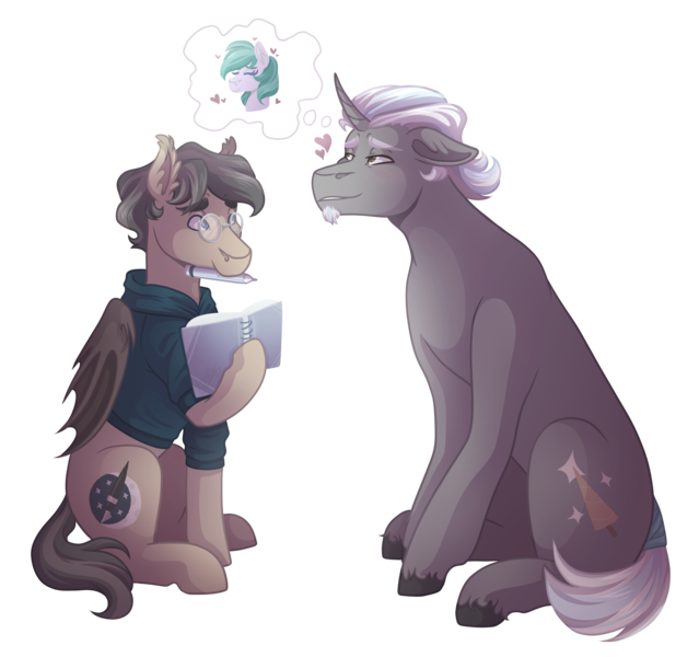 Size: 3300x3100 | Tagged: safe, artist:kikirdcz, derpibooru import, oc, oc:lavender joy, oc:polished lance, oc:waxing lyrical, unofficial characters only, bat pony, pony, unicorn, image, male, png, simple background, stallion, thought bubble, transparent background