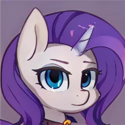 Size: 1024x1024 | Tagged: safe, artist:thisponydoesnotexist, derpibooru import, machine learning generated, artificial intelligence, collar, eyebrows, image, jpeg, looking at you, neural network, not fluttershy, not rarity, purple mane, transparent horn, white coat