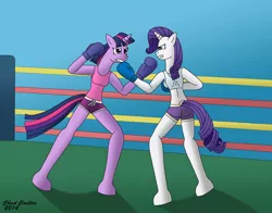 Size: 2631x2067 | Tagged: safe, artist:baroquewolfe, derpibooru import, rarity, twilight sparkle, anthro, unguligrade anthro, blue background, boxing, boxing gloves, boxing ring, boxing shorts, clothes, fight, horn, image, jpeg, midriff, request, requested art, simple background, sports, sports bra, tail, tanktop