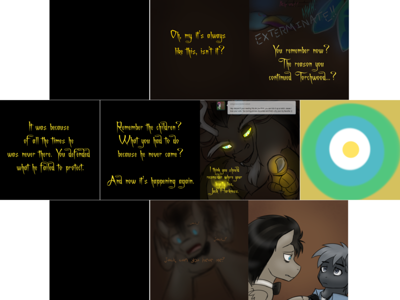 Size: 3006x2254 | Tagged: semi-grimdark, artist:jitterbugjive, derpibooru import, discord, doctor whooves, star hunter, time turner, alien, draconequus, pegasus, pony, ask discorded whooves, antagonist, ask, bone, bowtie, comic, crossover, dalek, dead, death, discord whooves, discorded, doctor who, hypnosis, image, jack harkness, mind control, png, race swap, resurrection, revival, skeleton, the doctor, torchwood, tumblr comic
