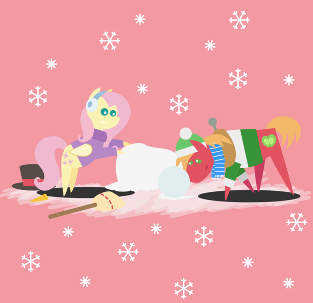 Size: 2232x2160 | Tagged: safe, anonymous artist, derpibooru import, big macintosh, fluttershy, earth pony, pegasus, pony, series:fm holidays, series:hearth's warming advent calendar, advent calendar, bipedal, bipedal leaning, broom, carrot, christmas, clothes, earmuffs, female, fluttermac, food, hat, holiday, image, leaning, lineless, male, png, pointy ponies, pushing, scarf, shipping, snow, snowflake, snowpony, straight, sweater, top hat, turtleneck, winter outfit