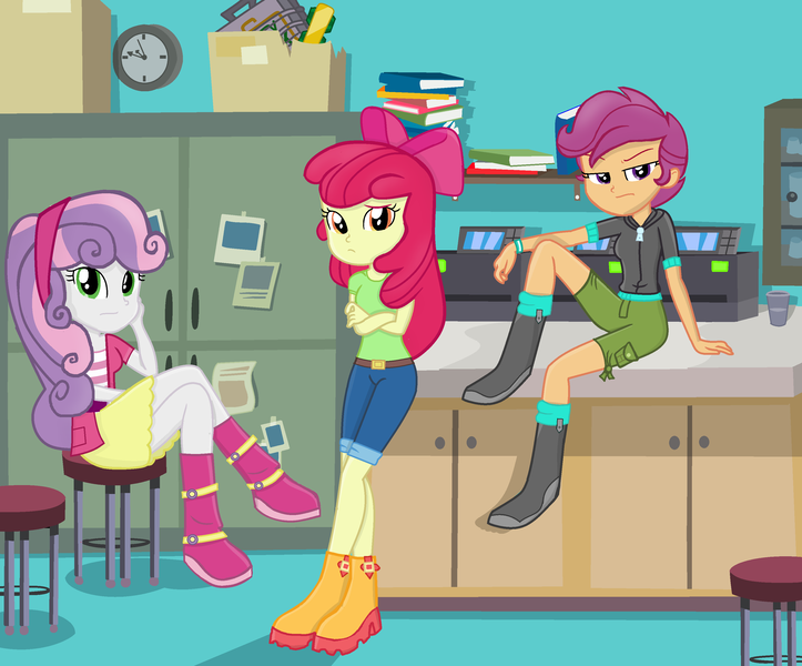 Size: 3192x2648 | Tagged: safe, artist:grapefruitface1, banned from derpibooru, deleted from derpibooru, derpibooru import, apple bloom, scootaloo, sweetie belle, human, equestria girls, armband, base used, belt, book, boots, clothes, crossed legs, cutie mark crusaders, female, hoodie, image, jeans, looking at you, office, pants, png, shirt, shoes, skirt, table, trio, trio female, updated, zipper