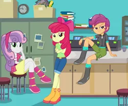 Size: 3192x2648 | Tagged: safe, artist:grapefruitface1, banned from derpibooru, deleted from derpibooru, derpibooru import, apple bloom, scootaloo, sweetie belle, human, equestria girls, armband, base used, belt, book, boots, clothes, crossed legs, cutie mark crusaders, female, hoodie, image, jeans, looking at you, office, pants, png, shirt, shoes, skirt, table, trio, trio female, updated, zipper