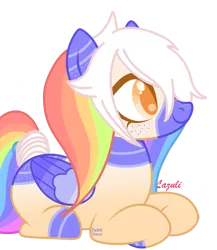 Size: 1416x1635 | Tagged: safe, artist:pasteldraws, derpibooru import, oc, oc:cirrus duvet, pegasus, pony, base used, comfort oc, comfort pony, cute, freckles, image, lying down, multicolored hair, pigtails, png, rainbow hair, simple background, solo, transparent background