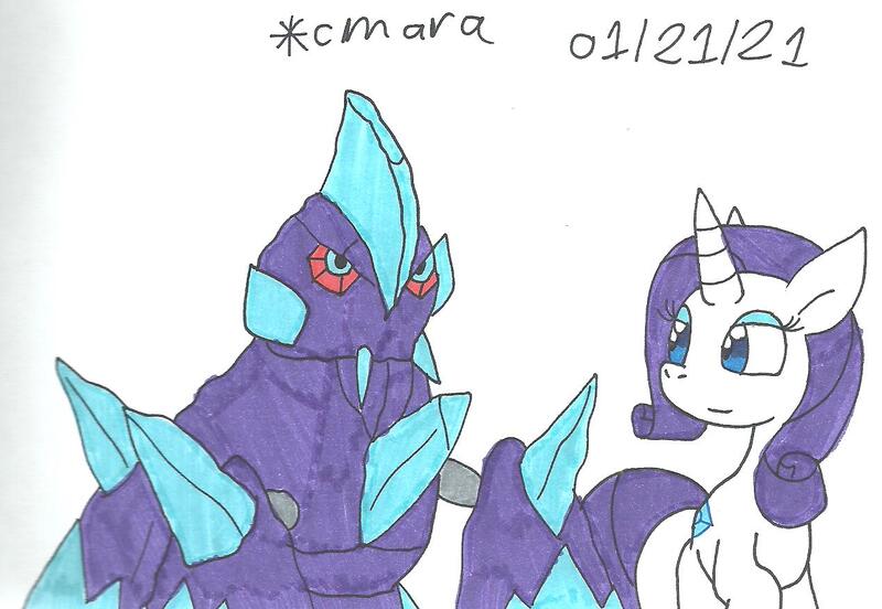 Size: 1269x876 | Tagged: safe, artist:cmara, derpibooru import, rarity, gigalith, pony, unicorn, crossover, eyeshadow, female, image, jpeg, makeup, mare, pokémon, shiny pokémon, simple background, traditional art, video game crossover, white background