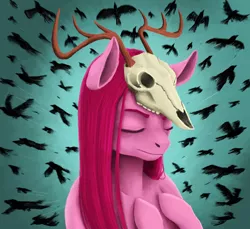 Size: 1280x1172 | Tagged: safe, artist:necromarecy, derpibooru import, pinkie pie, bird, crow, earth pony, semi-anthro, antlers, eyes closed, image, jpeg, pinkamena diane pie, skull, solo