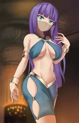 Size: 576x900 | Tagged: suggestive, artist:thebrokencog, derpibooru import, maud pie, human, absolute cleavage, anime, belly button, belly dancer, big breasts, bocas top, bracelet, breasts, busty maud pie, cleavage, commission, female, humanized, image, jewelry, long hair, looking at you, png, sexy, solo, solo female, stupid sexy maud pie, underboob, veil