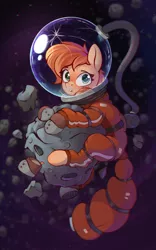 Size: 1060x1704 | Tagged: safe, artist:rexyseven, derpibooru import, oc, oc:rusty gears, unofficial characters only, earth pony, pony, :o, asteroid, astronaut, female, freckles, helmet, heterochromia, image, looking at you, mare, open mouth, png, solo, space, spacesuit, tangible heavenly object, zero gravity