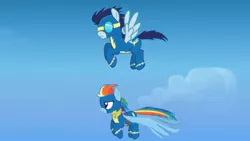 Size: 1280x720 | Tagged: safe, artist:agrol, derpibooru import, rainbow dash, soarin', pegasus, amulet, amulet of wings, artificial wings, augmented, bandage, bandaged wing, choose your wings, clothes, duo, image, jewelry, jpeg, magic, magic wings, uniform, wings, wonderbolts, wonderbolts uniform