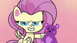 Size: 800x450 | Tagged: safe, derpibooru import, screencap, fluttershy, pegasus, pony, my little pony: pony life, the great divide, spoiler:pony life s01e25, animated, eye, female, gif, image, punch, teddy bear, toy, toy abuse