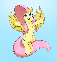 Size: 2200x2400 | Tagged: safe, artist:aquaticvibes, derpibooru import, fluttershy, pegasus, pony, chest fluff, cute, female, flying, full face view, gradient background, high res, hooves out, image, jpeg, looking up, mare, open mouth, shyabetes, smiling, solo, spread wings, wings