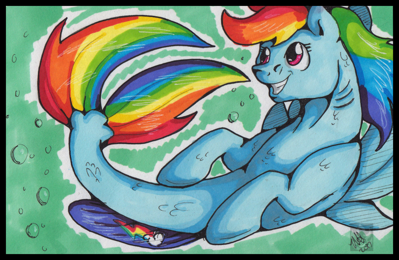 Size: 2013x1315 | Tagged: safe, artist:stormblaze-pegasus, derpibooru import, rainbow dash, pegasus, pony, seapony (g4), bubble, dorsal fin, female, fish tail, flowing mane, flowing tail, image, pencil drawing, pink eyes, png, seaponified, seapony rainbow dash, signature, smiling, solo, species swap, tail, teeth, traditional art, underwater, water, wings