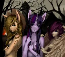 Size: 1280x1138 | Tagged: semi-grimdark, suggestive, artist:thatdreamerarts, derpibooru import, applejack, fluttershy, twilight sparkle, anthro, earth pony, pegasus, unicorn, braid, breasts, busty applejack, busty fluttershy, busty twilight sparkle, cowboy hat, dead tree, female, floppy ears, godiva hair, hair over one eye, hat, head tilt, image, jpeg, looking at you, outdoors, strategically covered, tree, trio, trio female, village, winged anthro, wings