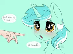 Size: 3183x2325 | Tagged: safe, artist:reterica, derpibooru import, lyra heartstrings, human, pony, unicorn, anime face, blushing, cute, disembodied hand, eyes on the prize, hand, image, implied boop, jpeg, light blue background, lyrabetes, offscreen character, offscreen human, open mouth, simple background, speech bubble, starry eyes, that pony sure does love hands, wingding eyes