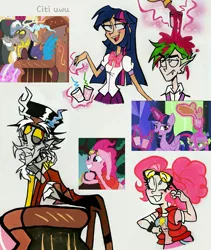 Size: 1747x2073 | Tagged: safe, artist:citi, derpibooru import, screencap, discord, pinkie pie, spike, twilight sparkle, twilight sparkle (alicorn), alicorn, human, pony, what about discord?, back to the future, glowing hands, humanized, image, jpeg, magic, pinkie mcpie, scene interpretation, screencap reference, spilled drink, telekinesis, traditional art