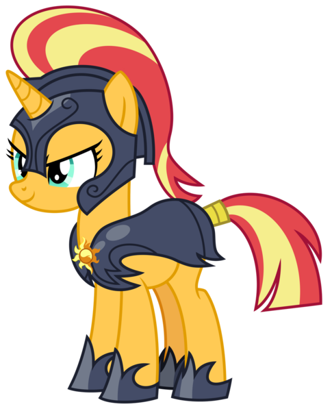 Size: 1024x1268 | Tagged: safe, artist:emeraldblast63, derpibooru import, sunset shimmer, pony, unicorn, armor, clothes, evil smirk, image, png, royal guard, shoes, show accurate, simple background, tail wrap, transparent background