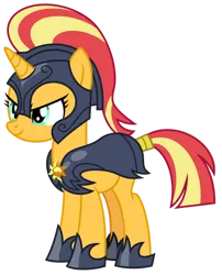 Size: 1024x1268 | Tagged: safe, artist:emeraldblast63, derpibooru import, sunset shimmer, pony, unicorn, armor, clothes, evil smirk, image, png, royal guard, shoes, show accurate, simple background, tail wrap, transparent background