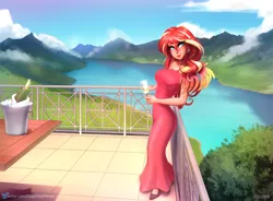 Size: 1834x1348 | Tagged: safe, alternate version, artist:sugarlesspaints, derpibooru import, sunset shimmer, human, equestria girls, alcohol, balcony, bottle, breasts, busty sunset shimmer, champagne, champagne bucket, champagne glass, champagne on ice, clothes, dress, ear piercing, earring, evening gown, human coloration, image, jewelry, lake, looking at you, mountain, mountain range, piercing, png, ring, scenery, smiling, solo, table, wine