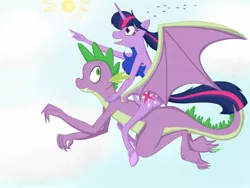 Size: 1600x1200 | Tagged: safe, artist:izzyfredpony, derpibooru import, spike, twilight sparkle, anthro, dragon, pony, chest fluff, flying, image, jpeg, ponies riding dragons, riding, twilight riding spike, winged spike