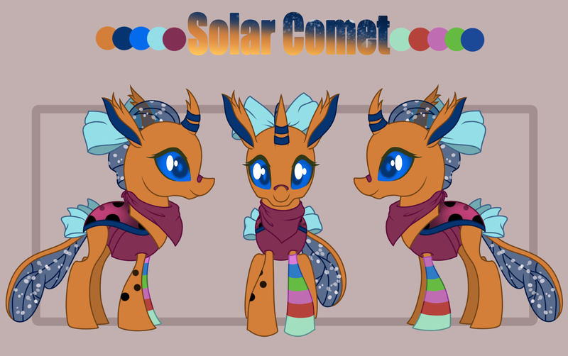 Size: 2000x1256 | Tagged: safe, artist:ynery, derpibooru import, oc, oc:solar comet, changeling, bandaid, bow, changeling oc, image, png, spots, tail bow