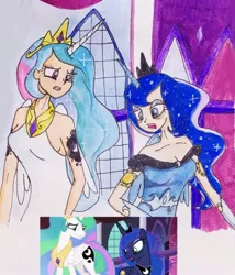 Size: 540x632 | Tagged: safe, artist:lunaart, derpibooru import, princess celestia, princess luna, alicorn, human, pony, a royal problem, alicorn humanization, cutie mark on human, duo, duo female, female, horn, horned humanization, humanized, image, jpeg, open mouth, royal sisters, scene interpretation, screencap reference, shocked, siblings, sisters, swapped cutie marks, throne room, tired eyes, winged humanization, wings