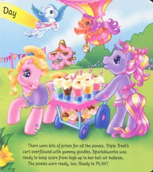 Size: 1280x1439 | Tagged: safe, artist:heckyeahponyscans, artist:lyn fletcher, derpibooru import, official, cupcake (g3), sparkleworks, star catcher, triple treat, earth pony, pegasus, pony, apron, banner, bipedal, bow, cart, clothes, cupcake, decoration, dragging, drink, flying, food, g3, hot air balloon, image, jpeg, open mouth, pony field day, ribbon, scan, scrunchie, soda, stopwatch, timer, tongue out, tulip, watch, well