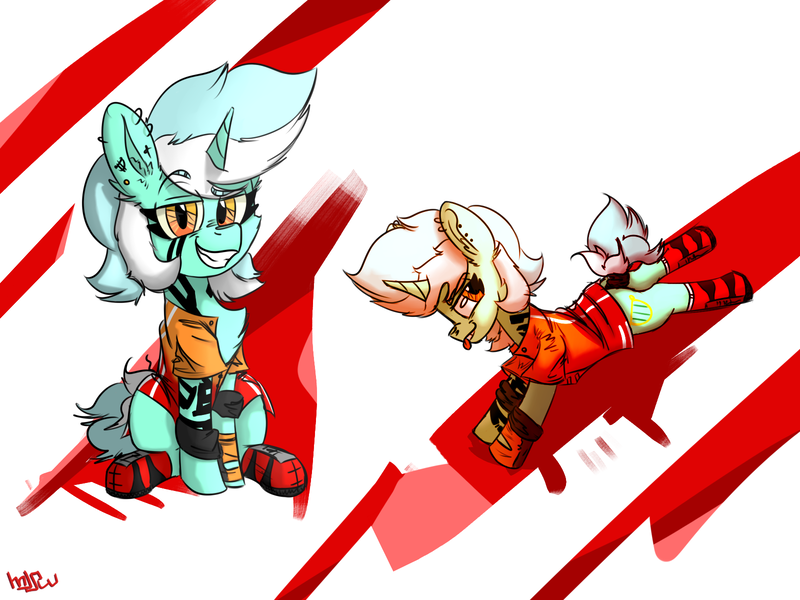 Size: 1600x1200 | Tagged: safe, artist:mjsw, derpibooru import, lyra heartstrings, pony, unicorn, clothes, concept art, female, image, mare, mirror's edge, mlem, piercing, png, runner, silly, smiling, smug, solo, tattoo, tongue out