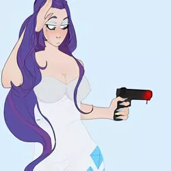 Size: 450x450 | Tagged: artist needed, source needed, safe, derpibooru import, rarity, human, blood, blue background, breasts, busty rarity, clothes, cutie mark, cutie mark on clothes, female, gun, humanized, image, png, simple background, solo, weapon