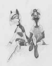 Size: 2796x3516 | Tagged: safe, artist:joestick, derpibooru import, oc, oc:arcalia, oc:kass, earth pony, pony, blank flank, clothes, duo, female, grayscale, image, jpeg, male, mare, monochrome, pinto, siblings, socks, socks (coat marking), stallion, text, traditional art