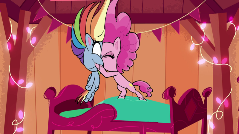 Size: 1920x1080 | Tagged: safe, derpibooru import, screencap, pinkie pie, rainbow dash, earth pony, pegasus, pony, my little pony: pony life, bed, bipedal, cheek squish, context is for the weak, dilated pupils, duo, duo female, eyes closed, female, image, mare, out of context, png, shocked, sportacular spectacular musical musak-ular, squishy cheeks