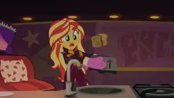 Size: 1334x750 | Tagged: safe, derpibooru import, screencap, sunset shimmer, equestria girls, equestria girls series, sunset's backstage pass!, spoiler:eqg series (season 2), bread, food, image, png, shocked, toast