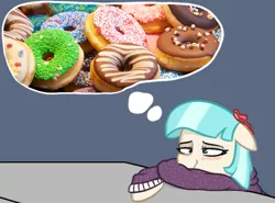 Size: 1253x928 | Tagged: safe, artist:pinkberry, derpibooru import, coco pommel, earth pony, pony, blushing, clothes, coco is an anal slut, donut, female, food, hoodie, image, innuendo, mare, png, simple background, solo, sweater, thought bubble