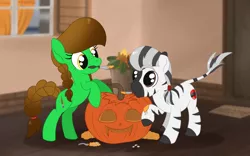 Size: 2325x1448 | Tagged: safe, artist:dyonys, derpibooru import, oc, oc:lucky brush, oc:nik, earth pony, pony, zebra, bipedal, braid, carving, chibi, freckles, halloween, holiday, image, jack-o-lantern, knife, looking at each other, mouth hold, png, pumpkin, raised hoof, smiling