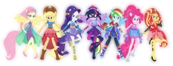 Size: 9000x3442 | Tagged: safe, artist:lincolnbrewsterfan, derpibooru import, applejack, fluttershy, pinkie pie, rainbow dash, rarity, sci-twi, sunset shimmer, twilight sparkle, human, equestria girls, equestria girls series, spring breakdown, spoiler:eqg series (season 2), >:), alternate hairstyle, amber skin, ankle bracelet, applejack's hat, bare shoulders, belt, blonde hair, blue eyes, blue hair, blue skin, boots, cape, clothes, cowboy hat, cyan eyes, derpibooru exclusive, determined, determined smile, diamonds, fingerless gloves, flower, flower in hair, gloves, glowing body, gorget, green eyes, halterneck, hat, holding hands, humane seven, humanized, image, inkscape, jewelry, leader, leggings, long gloves, long shirt, members, multicolored hair, orange skin, pearl, pink and purple stripes, pink eyes, pink hair, pink skin, png, ponied up, pony ears, purple eyes, purple hair, purple skin, rainbow hair, ready for action, red hair, regalia, shoes, simple background, skirt, sleeveless, spiked headband, stetson, super ponied up, teal eyes, the elements, tiara, transparent background, vector, waistband, white skin, winged humanization, wings, yellow skin, yellow streaks